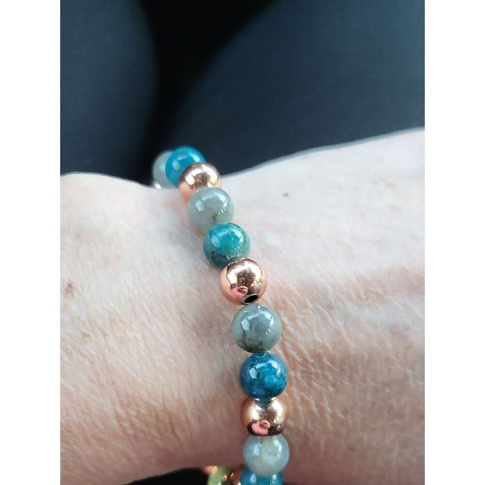 Beaded Stretch Bracelet with Blue-Green Gemstone and Rose Gold Accent Beads